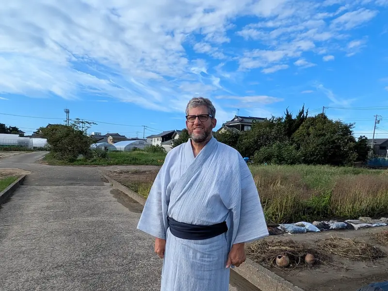 Jason wearing traditional Chijimi Yukata in Niigata
